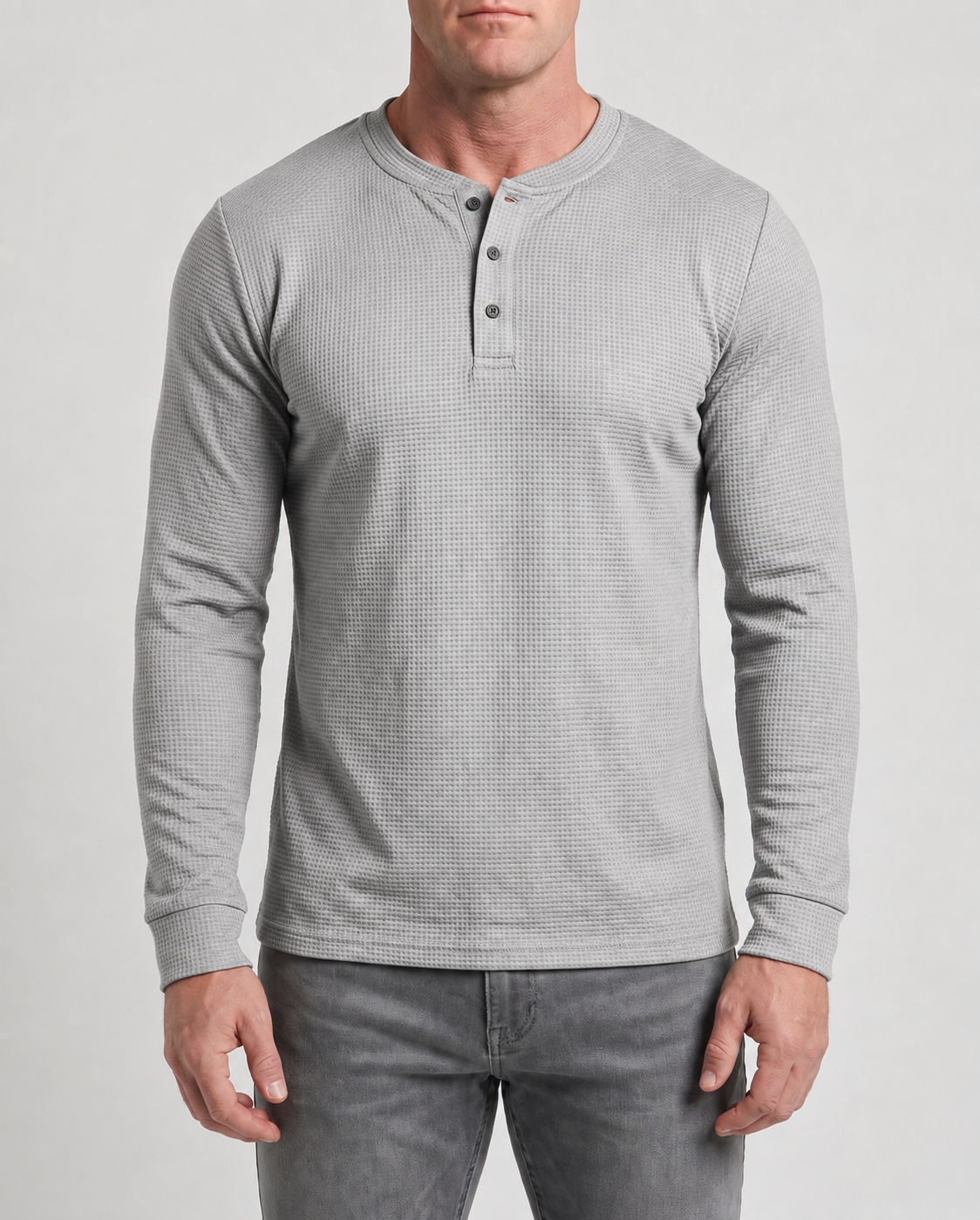 Atlas Waffle Henley in heather grey, front view on model