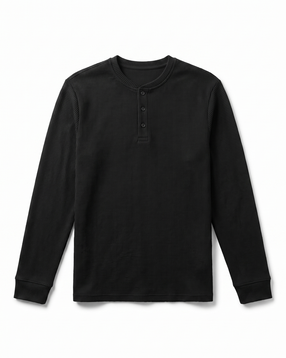 Atlas Waffle Henley in black, flat lay showing three-button placket and ribbed cuffs