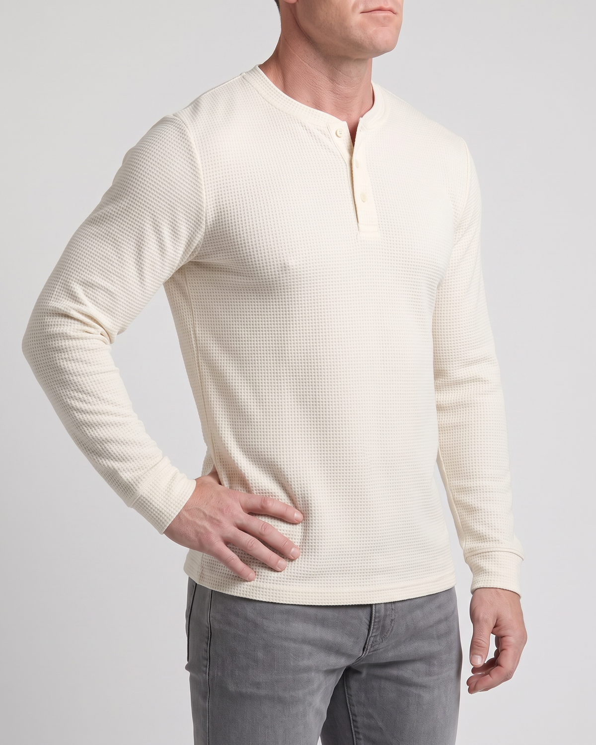 Atlas Waffle Henley in off-white, front view on model